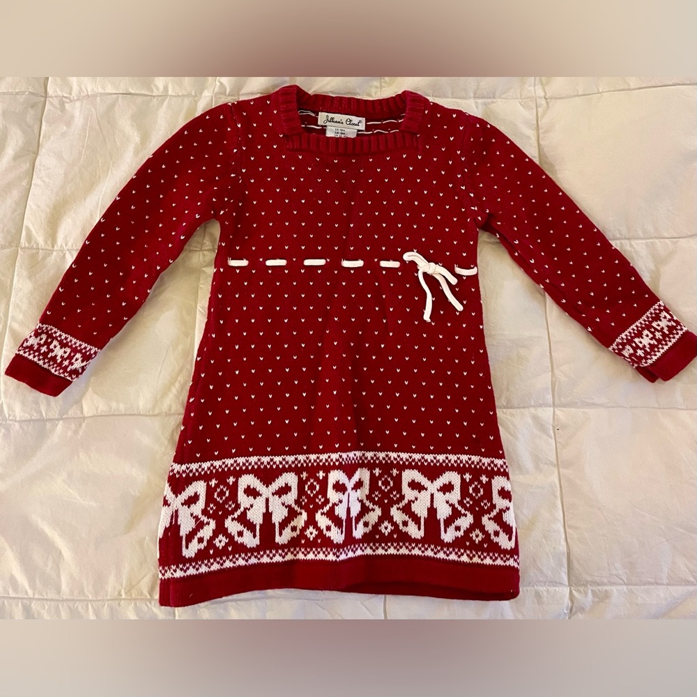 Red Knit Dress with Tiny White Hearts and Bells